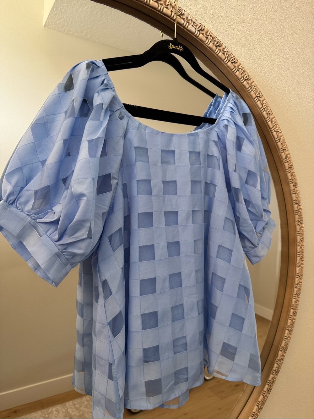 Umgee Light Blue Check Puff Sleeve Blouse